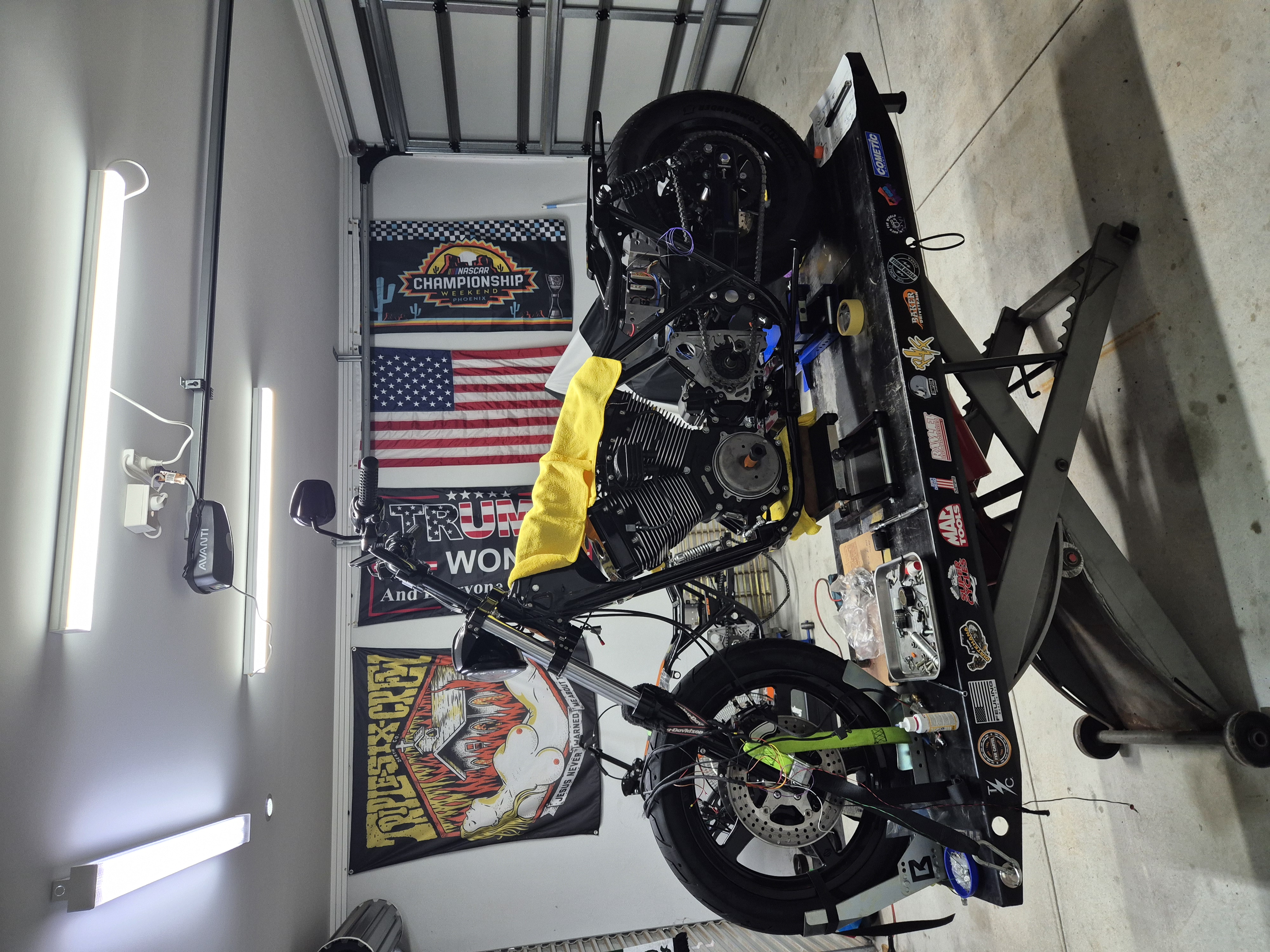 Full bike on the lift mid-build